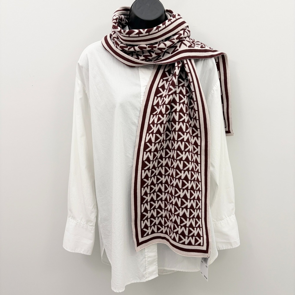 Michael Kors Scarf MK Logo Monogram Knit O/S Burgundy Cream